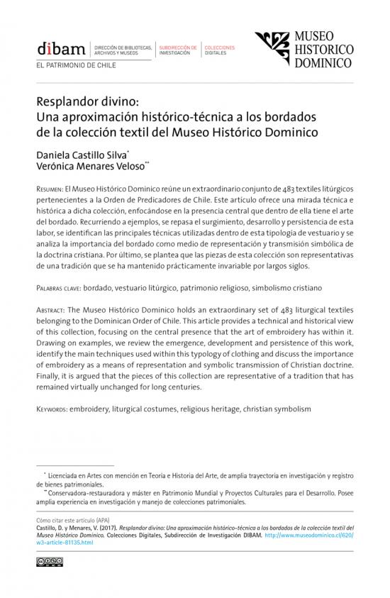 Resplandor divino: Una aproximación histórico-técnica a los bordados de la colección textil del Museo Histórico Dominico